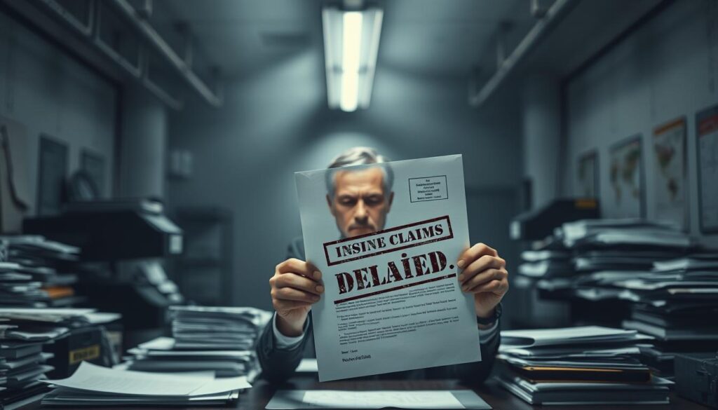A bleak, industrial office interior with a cluttered desk, stacks of paperwork, and a stern-faced administrator sitting behind it. Harsh, overhead fluorescent lighting casts deep shadows, creating an oppressive atmosphere. The administrator's expression is unforgiving as they hold up a stamped document - an insurance claim denial letter. The background is hazy, drawing the viewer's focus to the confrontational central scene, highlighting the frustration and disappointment of the denied claim.