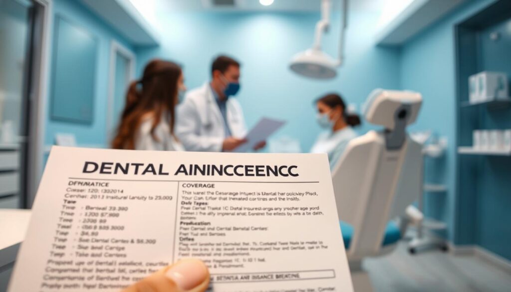 A bright, clean dental office with a modern, minimalist aesthetic. In the foreground, a close-up view of an open dental insurance card, its details clearly visible. The middle ground features a healthcare professional, likely a dentist or insurance agent, explaining the coverage details to a patient seated comfortably in a dental chair. The background showcases the practice's soothing, blue-toned color scheme, with subtle accents of steel and glass. Soft, directional lighting illuminates the scene, creating a sense of professionalism and trust. The overall mood conveys a seamless, reassuring experience of understanding one's dental insurance benefits.