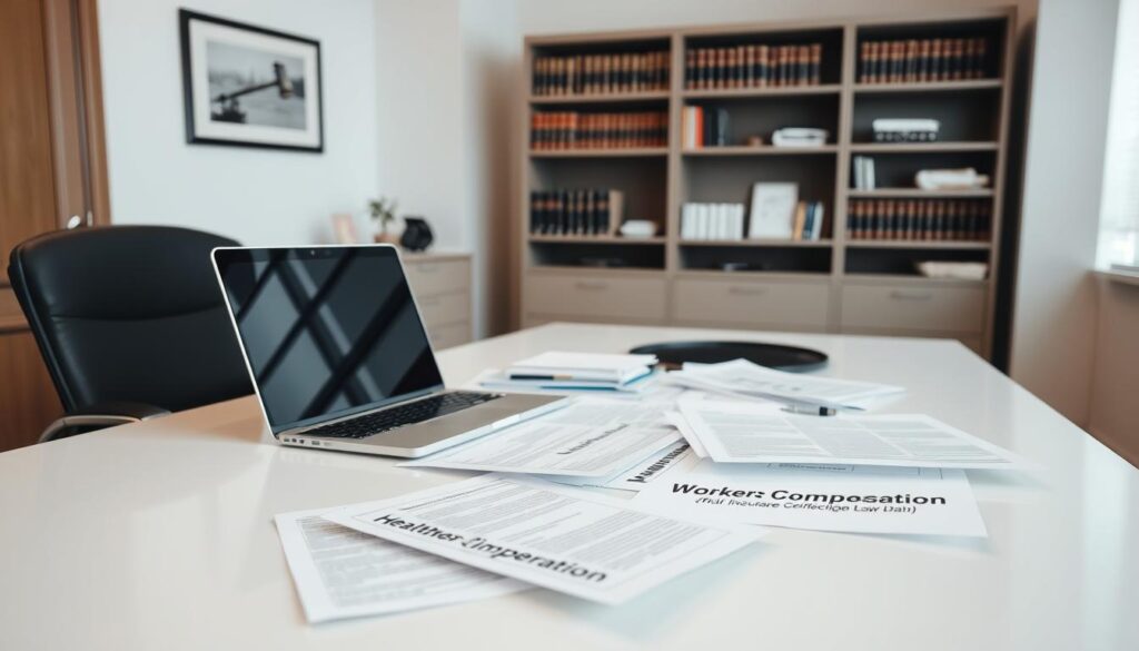 A bright, clean office setting with a large desk and ergonomic chair. On the desk, a laptop and scattered paperwork, including documents labeled "Health Insurance" and "Workers Compensation". In the background, a bookshelf filled with legal references and a framed certificate on the wall. The lighting is soft and professional, creating a sense of authority and expertise. The overall atmosphere conveys the intersection of healthcare, employment law, and financial considerations, with a focus on the complex interplay between health insurance premiums and workers' compensation.