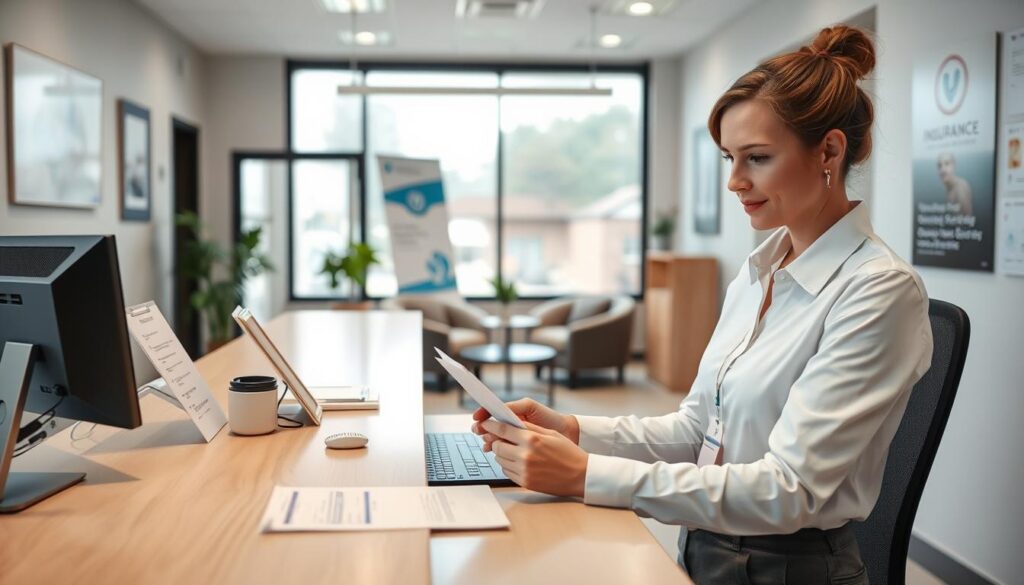 A clean, professional office interior with an organized front desk. In the foreground, a customer service representative reviews insurance documents on a computer screen, their expression focused and attentive. The middle ground features a waiting area with comfortable chairs and tasteful decor, conveying a sense of calm and efficiency. In the background, a large window allows natural light to flood the space, creating a bright and welcoming atmosphere. Subtle signage and branding elements subtly reinforce the clinic's identity. The overall scene reflects a smooth, well-executed insurance verification process.