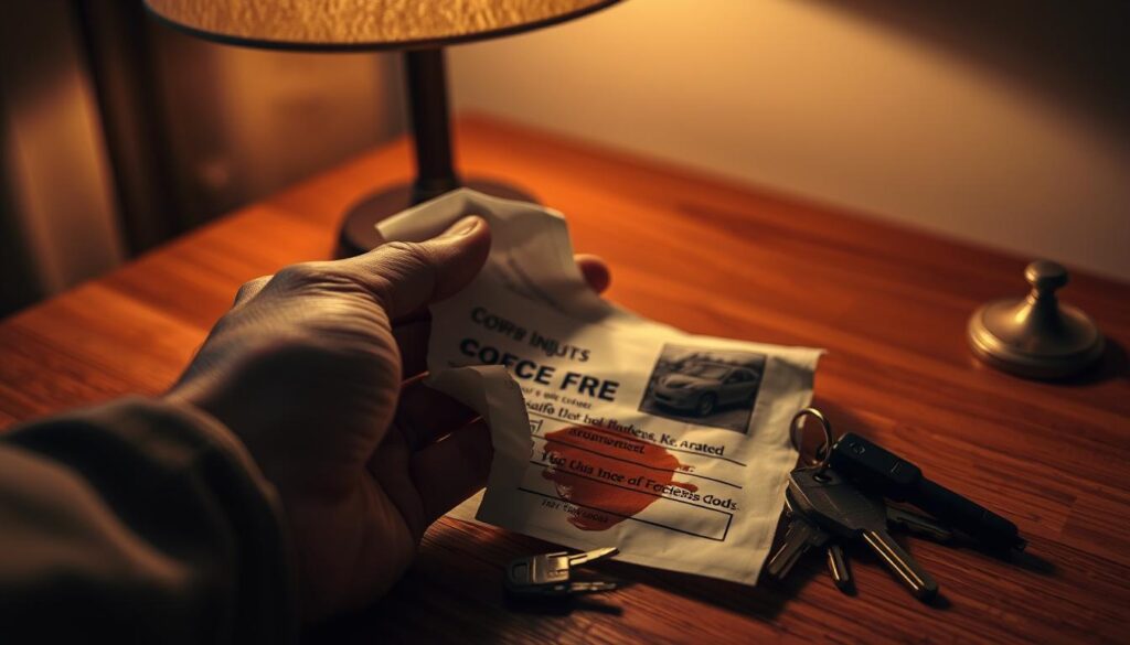 A close-up shot of a person's hand holding a crumpled receipt, coffee stain, and scattered keys - key evidence of a recent personal injury incident. The scene is lit by a warm, low-angle lamp, casting dramatic shadows and highlighting the textures of the objects. The background is blurred, keeping the focus on the foreground elements. The overall mood is one of contemplation and the beginnings of a legal case, setting the stage for negotiating a settlement with insurance companies.