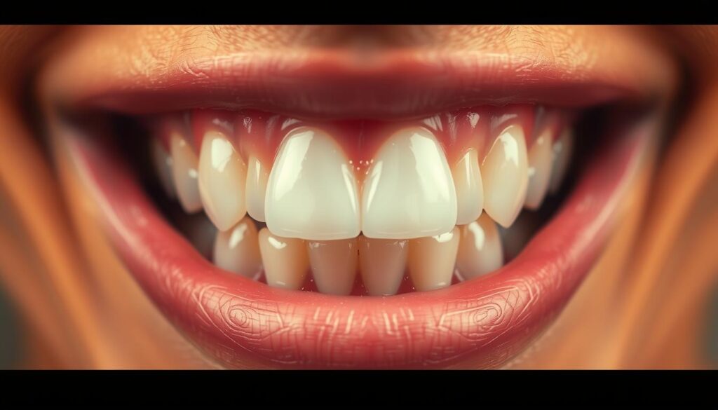 A close-up view of a set of healthy human teeth against a serene, blurred background. The teeth are sparkling clean, with a natural white sheen, conveying a sense of oral hygiene and dental care. Warm, soft lighting illuminates the teeth, highlighting their contours and creating a sense of depth and dimension. The composition is centered, drawing the viewer's attention to the teeth as the focal point. The overall mood is one of well-being, dental health, and the benefits of proper oral care.