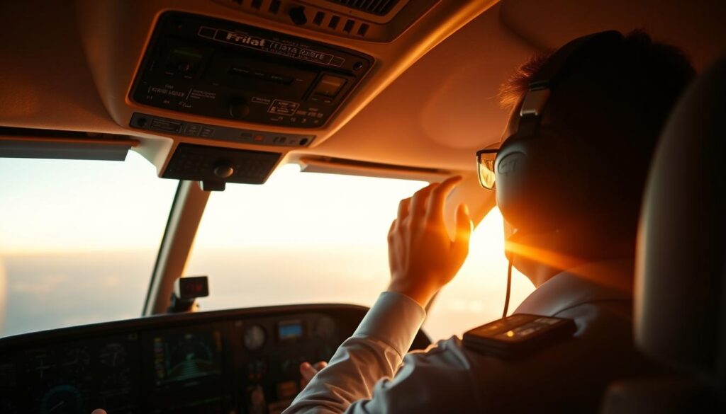 A cockpit interior, illuminated by warm overhead lighting, showcases a pilot's hands on the controls. In the foreground, a sleek, silver-trimmed dashboard displays flight data and instrumentation. The middle ground reveals the pilot's focused gaze, conveying their experience and expertise. The background depicts a panoramic view through the windshield, revealing the vast expanse of the sky and the horizon. The scene radiates a sense of confidence, professionalism, and the vital role a pilot's knowledge plays in determining insurance rates for safe, reliable flight operations.