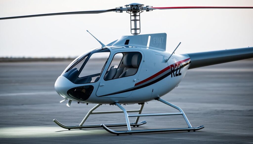 A detailed, high-resolution image of a Robinson R22 helicopter with its hull and main components clearly visible. The aircraft is shown from a slightly elevated angle, capturing the sleek and compact design of the R22. The lighting is soft and diffused, illuminating the various sections of the helicopter's exterior, including the main rotor, tail rotor, landing gear, and fuselage. The background is a neutral, slightly blurred environment, allowing the subject to be the focal point. The overall mood is one of technical precision and attention to detail, reflecting the specialized nature of the R22 helicopter.