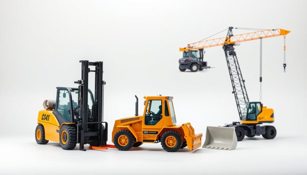 A detailed, high-resolution photograph of various types of construction equipment, including a forklift, excavator, and crane, against a clean, minimalist background. The equipment is arranged in a visually-appealing, symmetrical composition, highlighting their technical features and conveying a sense of reliability and durability. The lighting is soft and diffused, creating a sense of depth and dimensionality, while the camera angle is slightly elevated to provide an authoritative, professional perspective. The overall mood is one of confidence and trust, suitable for illustrating the concept of "extended coverage options" for equipment insurance.