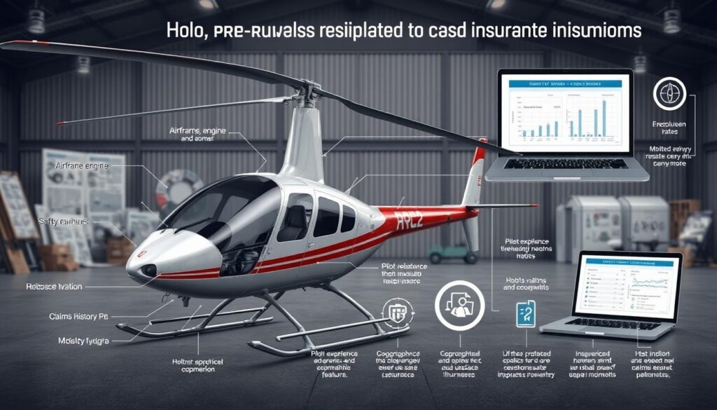 A detailed illustration of the key factors affecting the cost of Robinson R22 helicopter insurance, captured in a realistic, technical style. In the foreground, a meticulously rendered R22 helicopter, its various components labeled to highlight the aspects that influence insurance premiums, such as airframe, engine, avionics, and safety features. In the middle ground, a series of infographic-style icons and data visualizations conveying the impact of pilot experience, geographical location, usage patterns, and claims history on insurance rates. The background depicts a hangar interior with technical diagrams, industry publications, and a laptop displaying actuarial calculations, creating an atmosphere of informed, data-driven decision-making. Crisp lighting, precise camera angles, and a muted color palette lend an authoritative, professional tone to the entire scene.