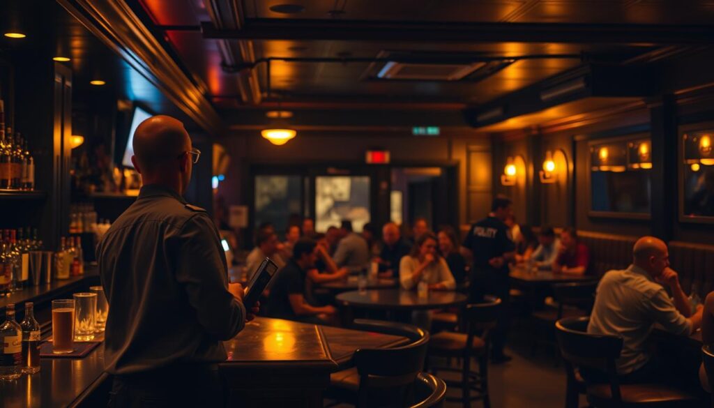 A dimly lit bar interior with warm, amber lighting. In the foreground, a bartender stands behind the counter, carefully monitoring the crowd and maintaining a calm, professional demeanor. The middle ground features patrons seated at tables, engaged in conversation, with a focus on responsible alcohol consumption. In the background, security personnel strategically positioned near the entrances, vigilantly observing the scene. The overall atmosphere conveys a sense of safety and control, with subtle yet effective measures in place to ensure the well-being of both staff and patrons.