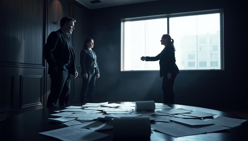 A dimly lit office, a handshake turned sour. In the foreground, two businesspeople stand in tense confrontation, their faces etched with concern. Shadows cast across the scene, heightening the sense of unease. The middle ground features a scattered array of contract documents, their pages strewn about, symbolizing a breach of agreement. In the background, the office walls loom, their dark paneling creating a sense of confinement, reflecting the gravity of the situation. Soft, dramatic lighting casts dramatic shadows, evoking a sense of impending conflict. The overall atmosphere is one of tension, uncertainty, and the potential consequences of a broken contract.