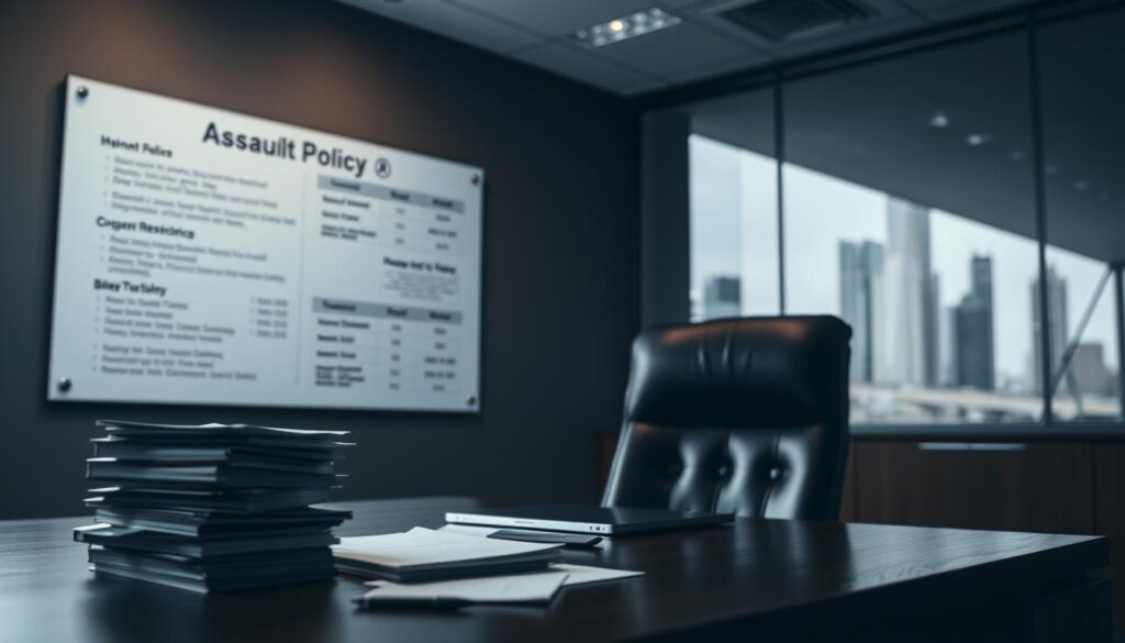 A dimly lit office interior, with a wooden desk and leather chair in the foreground. On the desk, a stack of documents and a laptop, symbolizing the paperwork and administrative tasks associated with assault and battery insurance. In the middle ground, a wall-mounted display showcases different insurance policy details, providing visual cues about the coverage. The background features a softly blurred cityscape, suggesting the broader business context in which these policies operate. Moody lighting and muted color tones create a sense of seriousness and professionalism, befitting the subject matter.