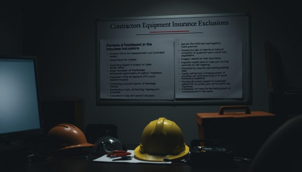 A dimly lit office setting, with a desk and a computer monitor in the foreground. On the desk, various contractor's tools and equipment are scattered, including a hard hat, safety goggles, and a tool box. In the background, a bulletin board displays a list of insurance exclusions, with the title "Contractors Equipment Insurance Exclusions" prominently displayed. The lighting is soft and moody, casting shadows across the scene, creating a sense of uncertainty and caution. The overall atmosphere conveys the importance of understanding the limitations of contractors' equipment insurance coverage.