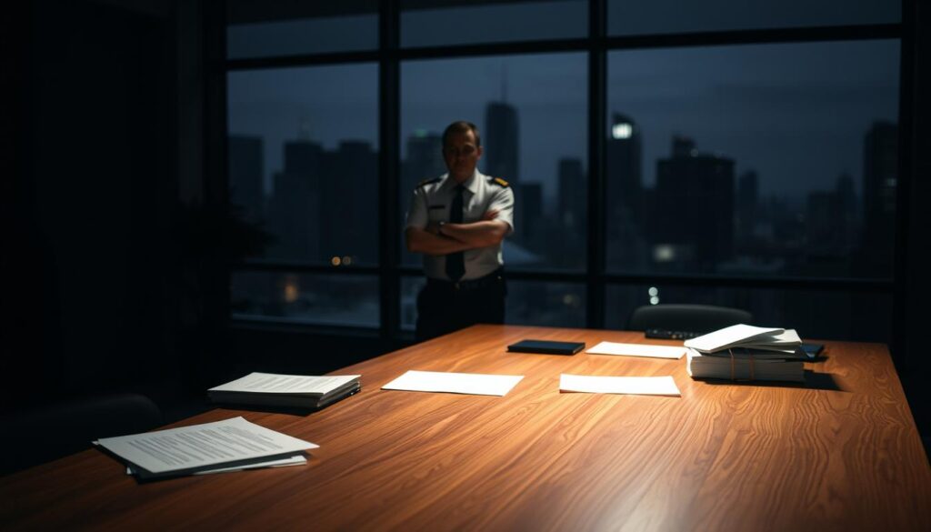 A dimly lit office setting, with a large wooden desk in the foreground. On the desk, various documents and a laptop suggest a professional workspace. In the middle ground, a security guard stands vigilant, arms crossed, overlooking the scene. The background is blurred, hinting at the broader context of a bustling city skyline visible through the window. The lighting is dramatic, with shadows cast across the room, conveying a sense of importance and security. The overall atmosphere is one of reassurance and protection, reflecting the concept of "Assault and Battery Insurance: Safeguard Your Business."