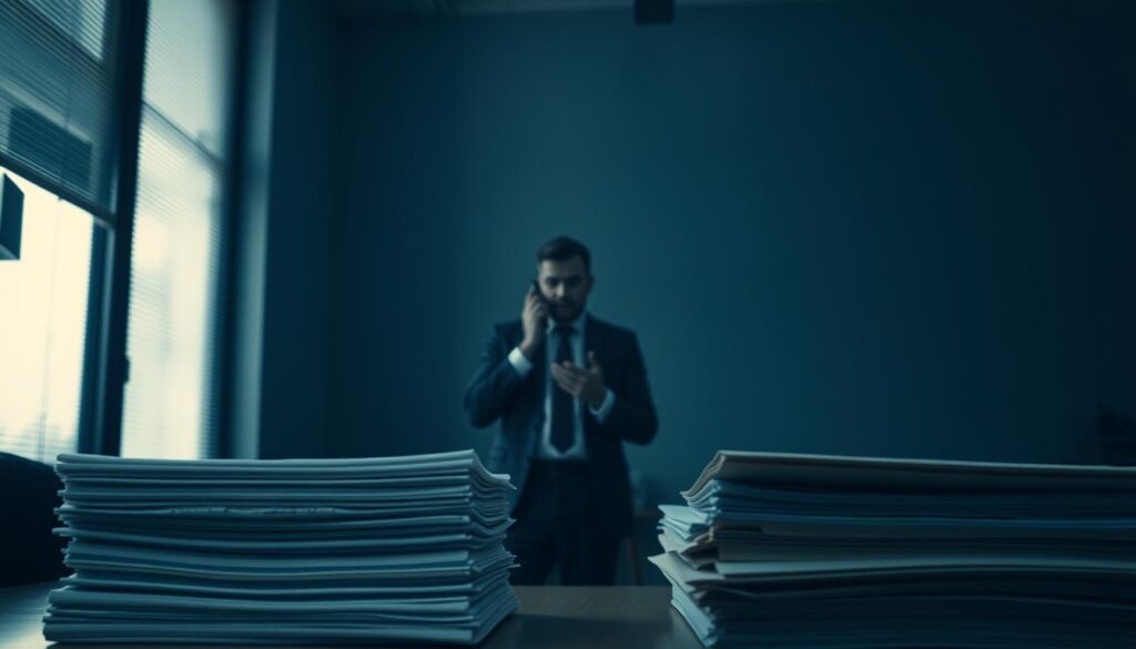 A dimly lit office, the air thick with tension. In the foreground, a stack of insurance claim files sits untouched, a symbol of bureaucratic delay. The middle ground depicts a lone insurance agent, their expression stoic, phone in hand, seemingly disconnected from the plight of the claimant. In the background, a hazy silhouette of a corporate logo looms, casting a shadow of indifference over the scene. The lighting is muted, creating a sense of unease and frustration, mirroring the experience of those trapped in the cycle of insurance claim delays.