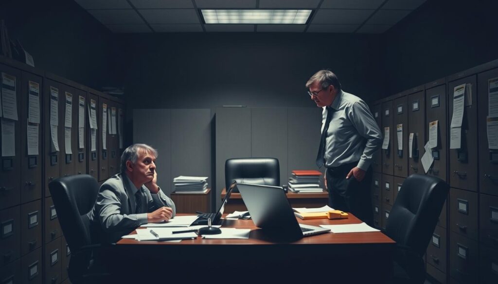 A dimly lit office, the walls lined with filing cabinets and legal documents. A desk stands in the center, papers scattered across its surface, a laptop in the corner. The lighting is harsh, casting shadows that suggest a sense of bureaucratic discomfort. The atmosphere is tense, as if the process of settling an insurance claim has become a battle of wills. In the foreground, a weary-looking insurance adjuster sits, phone in hand, while a frustrated claimant stands across the desk, their expression one of exasperation. The scene conveys a sense of the delays and obstacles that can arise in the insurance settlement process, hinting at the frustrations and power dynamics at play.