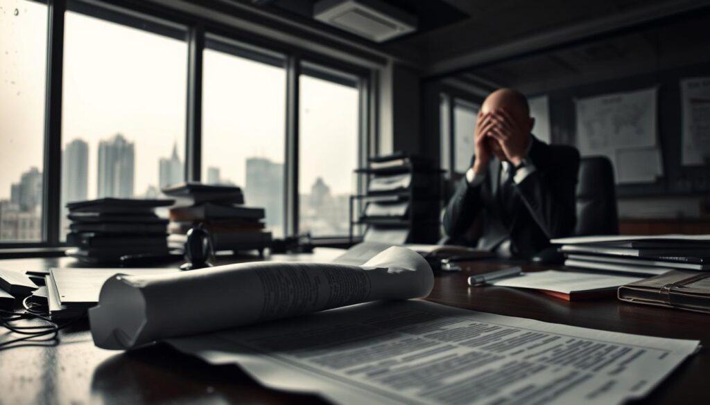 A dreary corporate office, dimly lit with a heavy atmosphere. In the foreground, a crumpled contract lies abandoned on a cluttered desk, symbolizing the breach of a once binding agreement. The middle ground showcases a frustrated executive, head in hands, grappling with the financial fallout. In the background, a hazy cityscape through rain-streaked windows conveys the broader impact on the business. Dramatic lighting casts deep shadows, heightening the sense of tension and unease. A wide-angle lens captures the full scope of this disruptive event, its consequences rippling through the entire organization.