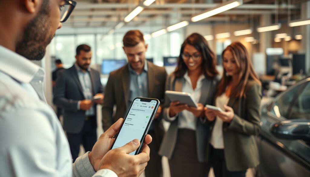 A dynamic scene showcasing the auto hero claims process. In the foreground, a person confidently submits a claim through a sleek, user-friendly mobile app interface. The middle ground features a team of attentive insurance agents carefully reviewing the claim, their expressions conveying professionalism and empathy. In the background, a modern, well-equipped claims processing center with state-of-the-art technology and efficient workflows. Warm, inviting lighting creates a reassuring ambiance, while the camera angle suggests a perspective of trust and reliability. The overall mood captures the seamless, customer-centric nature of the auto hero claims experience.