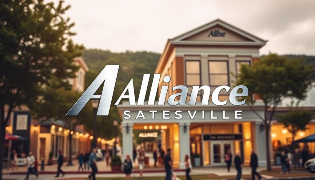 A grand, modern insurance agency set against the backdrop of a picturesque small town. In the foreground, the Alliance Insurance Statesville logo shines with a metallic luster, conveying a sense of stability and professionalism. The building's architecture features clean lines, large windows, and a welcoming entrance, drawing the eye inward. Surrounding the agency, the bustling town center is visible, with people going about their daily lives, suggesting the agency's deep roots in the community. Warm, diffused lighting bathes the scene, creating a sense of comfort and reliability. The overall impression is one of a trusted, community-focused insurance provider, ready to protect the futures of its clients.
