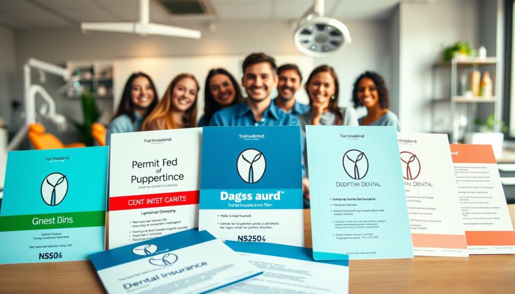 A high-contrast, detailed image of various dental insurance plan cards arranged in the foreground, showcasing their distinctive designs and logos. In the middle ground, a group of smiling individuals representing the diverse range of customers, conveying the accessibility and inclusivity of the plans. The background features a clean, modern office setting with dental equipment and décor, suggesting the professional and trustworthy nature of the insurance provider. The lighting is warm and inviting, creating a sense of comfort and reliability. Captured with a wide-angle lens to encompass the full scene, the image conveys the comprehensive nature of the dental insurance plans on offer.