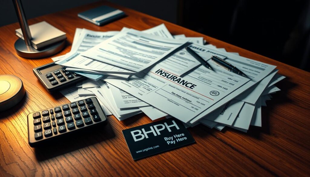 A high-contrast, wide-angle photograph of a pile of car insurance documents, bills, and receipts on a wooden desk, illuminated by warm, directional studio lighting from the left. The paperwork is meticulously arranged, with a calculator, pen, and BHPH (Buy Here Pay Here) business card visible. The background is blurred, emphasizing the financial details in the foreground, creating a sense of careful consideration of insurance costs for a BHPH vehicle purchase.