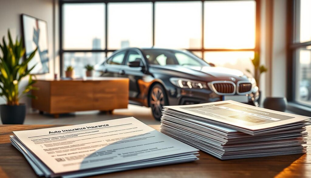 A high-resolution, photorealistic image of various types of auto insurance coverage. In the foreground, a stack of documents and insurance cards depicting different insurance policies such as liability, collision, comprehensive, and uninsured/underinsured motorist coverage. In the middle ground, a car with detailed reflections and lighting, suggesting the importance of adequate insurance for vehicle protection. The background features a clean, minimalist office setting with a wooden desk, potted plants, and a window overlooking a cityscape, creating a professional and modern atmosphere. The lighting is natural and balanced, with a soft, warm glow to convey a sense of security and reliability associated with comprehensive auto insurance.