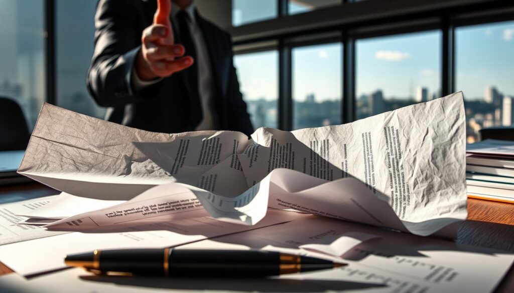 A legal document torn and crumpled, resting on a desk. Shafts of light cast dramatic shadows, conveying a sense of tension and unease. In the foreground, a pen and papers scattered, symbolizing the disruption of a broken agreement. The middle ground features a businessman's hand gesturing in frustration, while the background showcases a window overlooking a cityscape, hinting at the broader consequences of the breach. The overall scene evokes a feeling of legal dispute, lost trust, and the need for resolution.