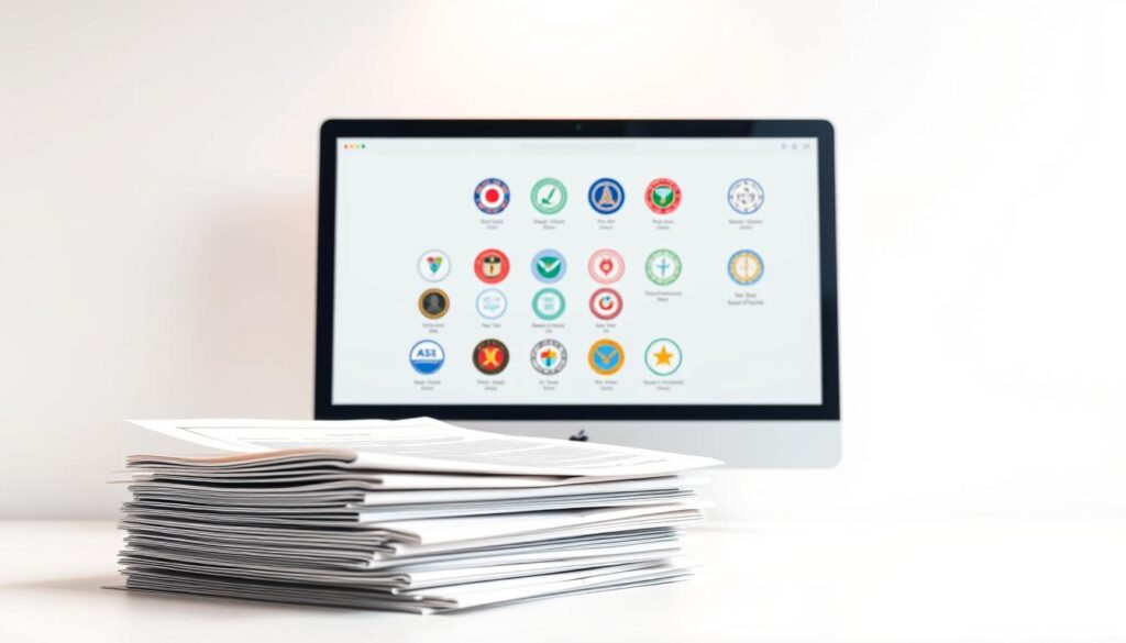 A meticulously detailed illustration of "Insurance CE Course Approvals" against a crisp, clean background. In the foreground, a stack of official-looking documents and certificates, their edges crisply defined, conveying a sense of authority and legitimacy. Positioned behind this, a sleek, minimalist computer monitor displaying a web page showcasing various state seals and logos, signifying the online accessibility and widespread accreditation of these continuing education courses. Soft, directional lighting emanates from the top, casting subtle shadows and highlights that lend depth and dimensionality to the scene, creating an overall impression of professionalism and reliability.
