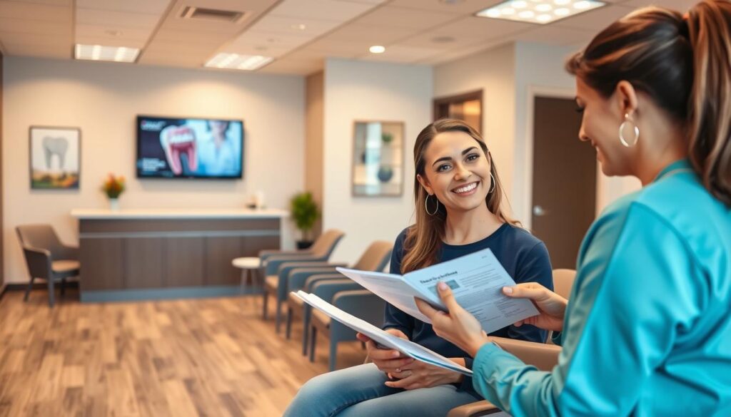 A modern dental office interior, with a waiting area featuring comfortable chairs, a reception desk, and a wall-mounted television displaying dental health information. In the foreground, a patient is reviewing payment options with a friendly dental assistant, discussing dental insurance coverage, co-pays, and financing plans. The lighting is warm and inviting, creating a calming atmosphere. The overall scene conveys a sense of professionalism and attention to patient care, reflecting the high-quality dental services offered.