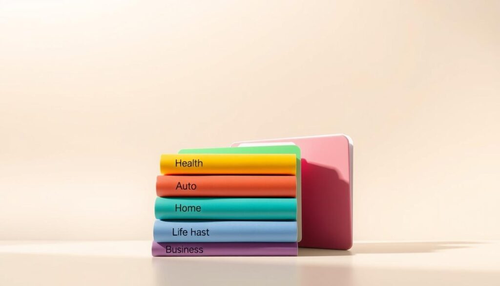 A modern, minimalist illustration showcasing comprehensive insurance coverage options. In the foreground, a series of neatly stacked insurance policy folders in varying colors, each representing a different type of coverage - health, auto, home, life, and business. The middle ground features a smooth, gradient background, suggesting a sense of reliability and stability. Soft, directional lighting illuminates the scene, creating a warm, professional atmosphere. The overall composition conveys a clear, organized, and approachable representation of the diverse insurance solutions available.