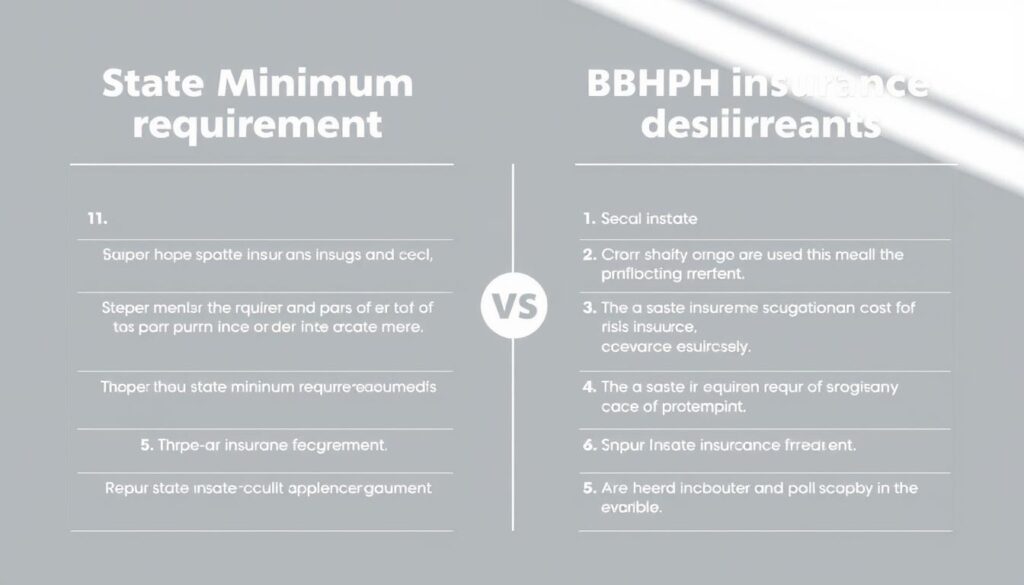 A modern, minimalist infographic depicting a side-by-side comparison of state minimum insurance requirements and BHPH (Buy Here Pay Here) insurance requirements. The image features two clean, symmetrical columns with clear delineation between the two sets of requirements. Each column has a bold, clear header and concise bullet points outlining the key details. The color palette is muted and professional, using shades of blue, gray, and white to convey a sense of authority and reliability. The overall layout is well-balanced, allowing the information to be easily scanned and understood at a glance. The lighting is natural and soft, creating an ambient, educational mood. The camera angle is slightly elevated to give a broad, comprehensive view of the comparison.
