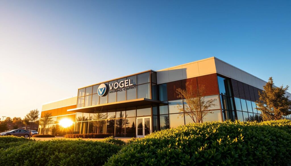 A modern, minimalist logo of Vogel Insurance Company displayed prominently on a sleek, glass-and-steel building facade. The structure is bathed in warm, golden afternoon light, casting long shadows across the meticulously landscaped grounds. In the foreground, a lush, manicured garden frames the entrance, hinting at the company's attention to detail and commitment to quality service. The sky is a brilliant, cloudless azure, conveying a sense of security and reliability. Overall, the image projects an aura of professionalism, stability, and innovation - the hallmarks of the Vogel Insurance Advantage.