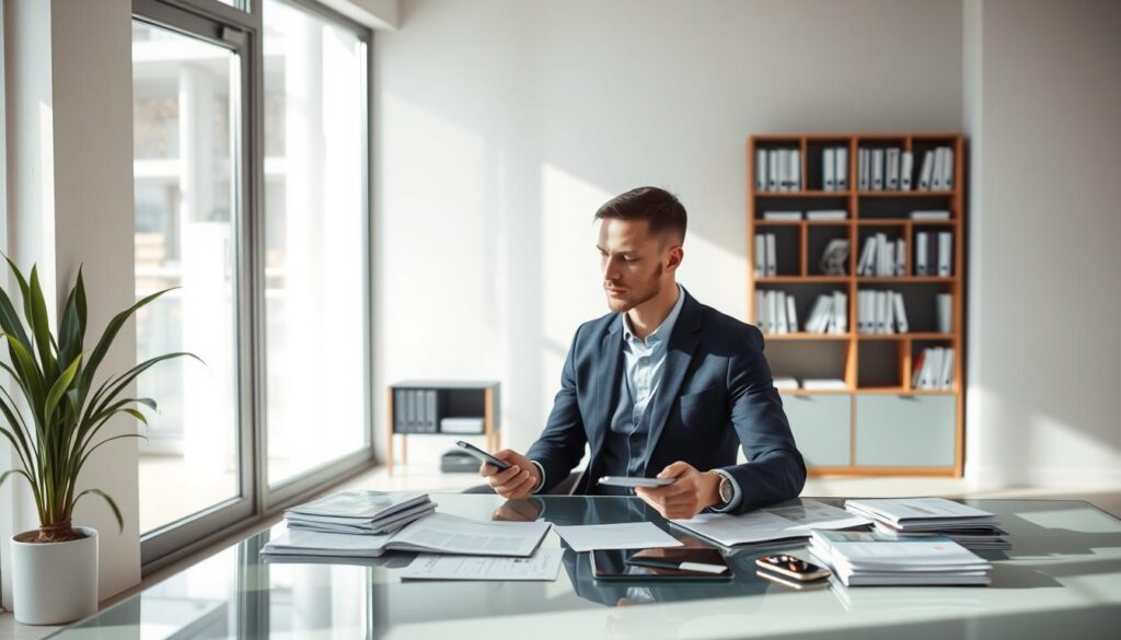 A modern, minimalist office interior with natural light streaming through large windows. In the foreground, a businessperson sits at a sleek, glass-top desk, contemplating documents and digital devices. On the desk, various insurance-related materials are neatly arranged, hinting at alternative coverage options. In the middle ground, a bookshelf holds a mix of physical and digital files, representing the diverse insurance landscape. The background features a neutral color palette, creating a calm, professional atmosphere. The overall scene conveys a sense of thoughtful consideration and exploration of alternative insurance solutions.