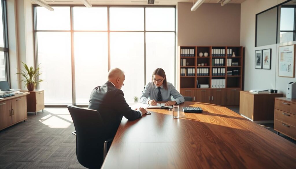 A modern office interior with natural lighting filtering through large windows, creating a warm and professional atmosphere. In the foreground, two individuals, likely an insurance agent and a client, are seated at a polished oak table, reviewing documents and discussing a settlement. The middle ground showcases the company's logo and branding elements, conveying a sense of trust and reliability. The background features bookshelves, filing cabinets, and other office accessories, suggesting an organized and well-equipped workspace. The overall scene evokes a sense of efficiency, transparency, and a willingness to resolve the client's claim in a timely and satisfactory manner.