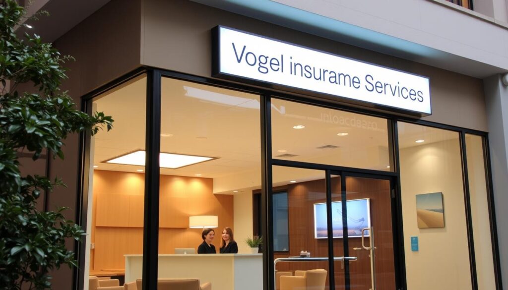A modern, professional insurance office with a warm, inviting atmosphere. The façade features large windows, a clean and minimalist design, and a prominent sign that reads "Vogel Insurance Services" in a sleek, sans-serif font. The interior is well-lit, with minimalist furniture, and a reception desk where a friendly employee greets visitors. The office exudes a sense of reliability, expertise, and customer-focused service, reflecting the brand's commitment to protecting its clients' futures.