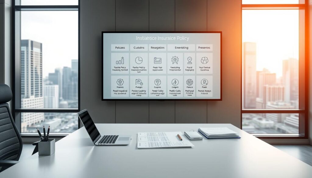 A modern, sleek office interior with a large desk and ergonomic chair in the foreground. On the desk, an open laptop, a stylish pen holder, and several neatly arranged documents. In the middle ground, a wall-mounted display showcasing various insurance policy customization options, presented with clean infographics and icons. The background features large windows overlooking a bustling city skyline, bathed in warm, natural lighting. The overall scene conveys a professional, technology-driven atmosphere, reflecting the reliable and customizable nature of the insurance coverage.