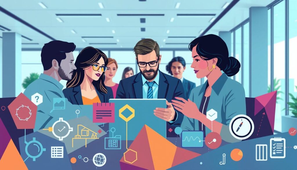 A modern, stylized illustration depicting a diverse set of insurance continuing education course topics. In the foreground, key subjects like risk management, regulations, and policy analysis are represented by geometric icons and shapes in a vibrant color palette. The middle ground showcases professional men and women engaged in interactive learning, their faces lit by the glow of a virtual classroom. In the background, a sleek, minimalist office space with large windows provides a sense of place and a feeling of intellectual stimulation. The overall composition conveys a sense of dynamism, connectivity, and the rewarding nature of ongoing professional development.