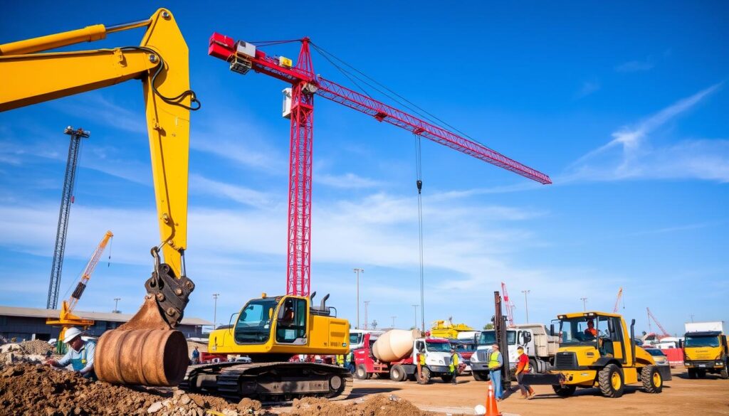 A modern, well-equipped construction site with a variety of heavy machinery and tools. In the foreground, a large yellow excavator is digging into the ground, its powerful hydraulic arm extended. Nearby, a red-painted crane hoists a heavy load, its long boom reaching high into the sky. In the middle ground, a group of workers in safety gear are operating a concrete mixer and a forklift, moving materials around the site. The background is filled with other construction equipment, including a bulldozer, a dump truck, and a paving machine, all set against a backdrop of a clear blue sky with a few wispy clouds. The scene conveys a sense of efficiency, productivity, and the importance of proper equipment and insurance coverage for contractors working in the bustling city of San Diego.