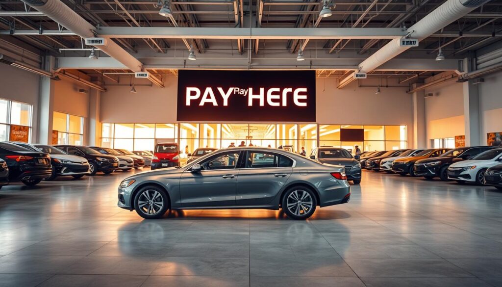 A modern, well-lit interior of a car dealership showroom. The foreground features a sleek, shiny sedan placed prominently on a polished concrete floor, its chrome accents gleaming under the warm, diffused lighting. In the middle ground, a large, backlit sign reads "Buy Here Pay Here Financing" in a bold, minimalist font against a dark background, drawing the viewer's attention. The background showcases the dealership's spacious layout, with rows of neatly organized vehicles and a few customers browsing the selection. The overall atmosphere conveys a sense of professionalism, efficiency, and the promise of accessible financing options.