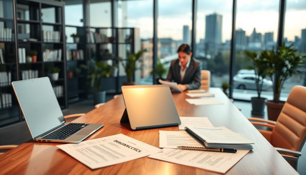 A modern, well-lit office interior with a glass-walled conference room. In the foreground, a desk with a laptop, tablet, and insurance claim forms. Middle ground features two people in business attire discussing documents. The background showcases bookshelves, potted plants, and a large window overlooking a city skyline. Warm, professional lighting creates a calm, focused atmosphere, ideal for processing insurance claims. The scene conveys a sense of efficiency, attention to detail, and secure handling of sensitive information.