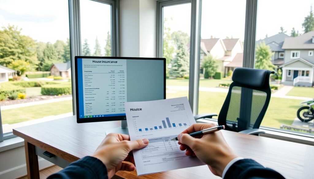 A modern, well-lit office interior with a wooden desk and an ergonomic chair. On the desk, a computer monitor displays a detailed insurance quote, with graphs and charts showcasing coverage options and pricing. In the foreground, a pair of hands hold a pen, ready to review and sign the paperwork. The background features large windows overlooking a picturesque suburban neighborhood, with lush greenery and well-maintained homes. The overall atmosphere conveys a sense of professionalism, expertise, and the peace of mind that comes with securing reliable house insurance.