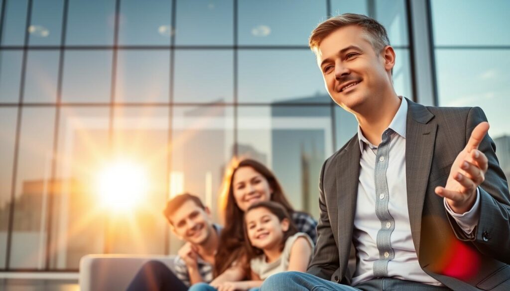 A pristine office building, its sleek exterior reflecting the sun's rays. In the foreground, a family sits comfortably, their expressions serene and assured. Beside them, an agent in a sharp suit gestures, their hands conveying a sense of expertise and care. The background reveals a bustling city skyline, a symbol of the secure future Alliance Insurance Statesville provides. Warm, diffused lighting casts a welcoming glow, while the composition creates a sense of balance and stability. This image evokes the confidence and protection that Alliance Insurance Statesville offers its clients, safeguarding their financial well-being in the heart of the community.