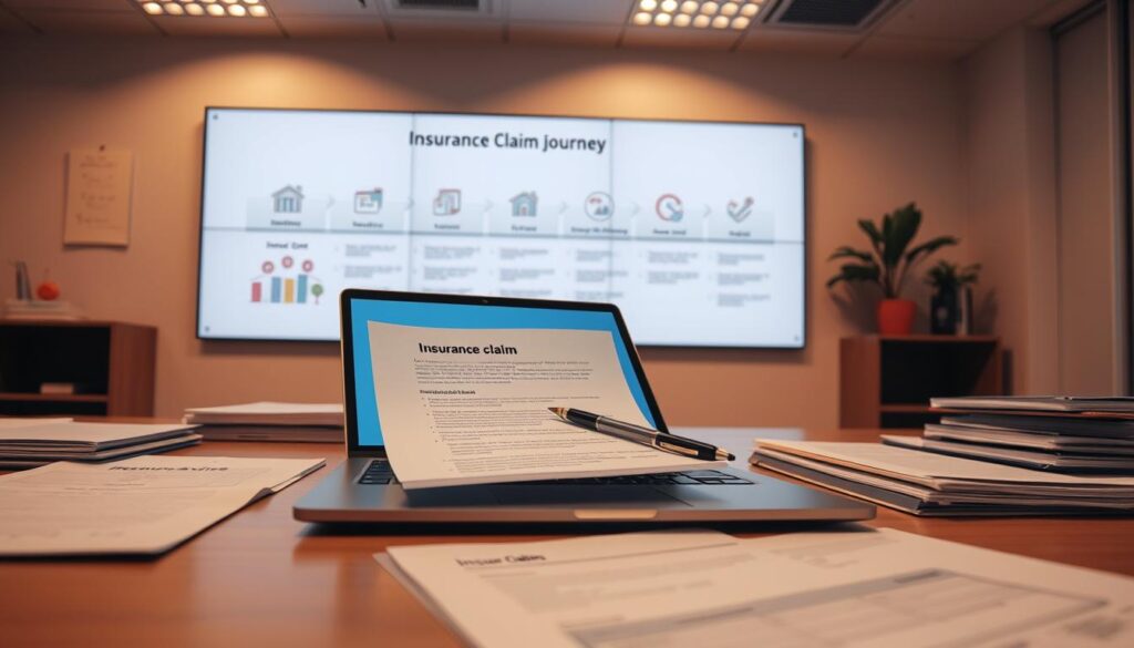 A professional insurance agent's desk in a well-lit office, papers and files neatly organized. A laptop displays an insurance claim form, with a pen hovering over it. In the background, a wall-mounted display showcases a step-by-step guide to the insurance claim process, with icons and infographics. Warm, neutral tones create a sense of trust and efficiency. The scene conveys the expertise and attention to detail required to navigate the insurance claim journey effectively.
