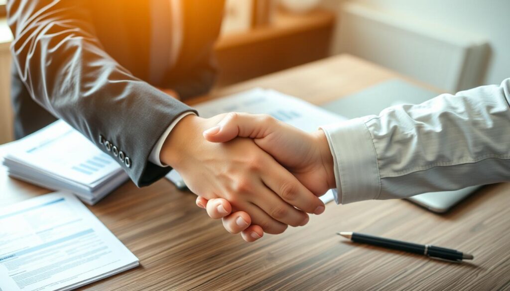 A professional-looking office desk with stacks of paperwork, a laptop, and a pen. In the foreground, a handshake between a business person and an insurance agent, conveying a sense of negotiation and compromise. The lighting is warm and inviting, creating a sense of productivity and progress. The background is slightly blurred, allowing the central interaction to be the focal point. The overall atmosphere suggests an amicable insurance settlement process, reflecting the article's subject and section title.