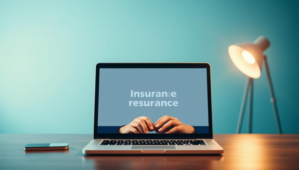 A professional, modern-looking webinar image with a clean, minimalist design. In the foreground, a laptop screen displays an insurance-related presentation, with a simple color palette and clear typography. In the middle ground, a pair of hands rests on a desk, suggesting an interactive, engaging webinar experience. The background features a soft, blurred gradient in calming shades of blue and green, creating a serene, professional atmosphere. Warm, directional lighting illuminates the scene, highlighting the key elements and lending a sense of depth and sophistication. The overall composition conveys a sense of productivity, education, and the convenience of online insurance continuing education.