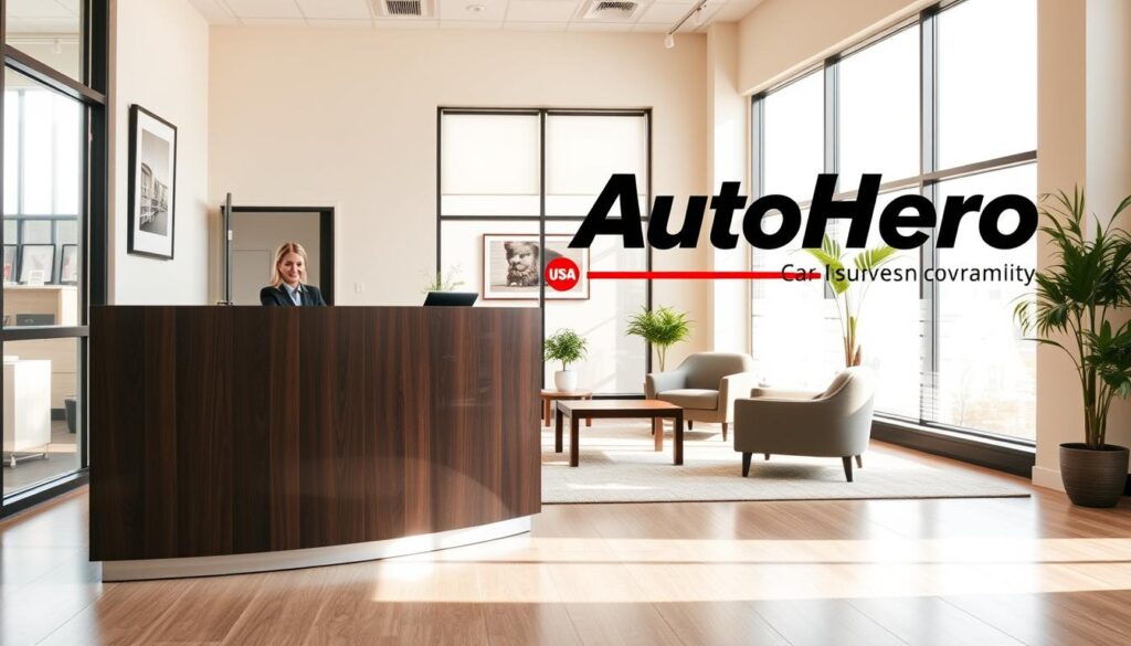 A professional office interior with a reception desk in the foreground. The desk is made of dark wood and has a sleek, modern design. A receptionist sits behind the desk, wearing a smart, corporate attire. In the middle ground, there are comfortable chairs and a coffee table, creating a cozy waiting area. The background features large windows that allow natural light to flood the space, creating a warm and inviting atmosphere. The walls are painted in a neutral color palette, accentuated by framed artwork and decorative plants. The overall scene conveys a sense of professionalism, reliability, and attention to detail, reflecting the "AutoHero USA: Reliable Car Insurance Coverage" branding.