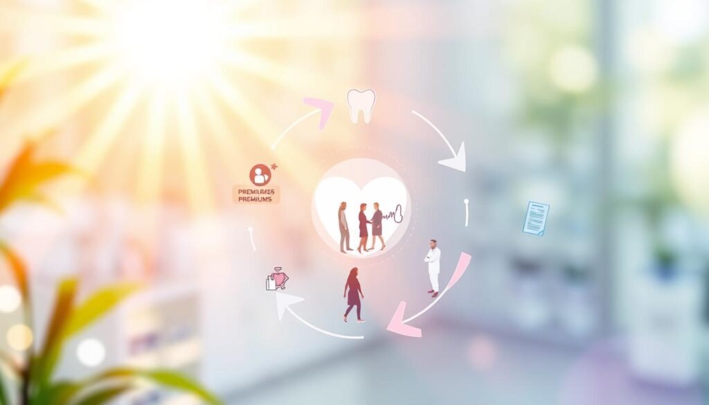 A radiant, medical-themed illustration depicting the cyclical nature of dental insurance. In the foreground, a vibrant diagram showcases the flow of coverage, premiums, and claims, with dynamic arrows and geometric shapes. The middle ground features personified icons of dentists, patients, and insurance providers, engaged in a dance of paperwork and communication. In the background, a softly blurred network of dental clinics, insurance offices, and medical facilities create a sense of the broader healthcare ecosystem. Bright, natural lighting illuminates the scene, conveying a sense of clarity and transparency. The overall composition strikes a balance between the technical and the human, reflecting the intricate yet vital role of dental insurance in maintaining oral health.