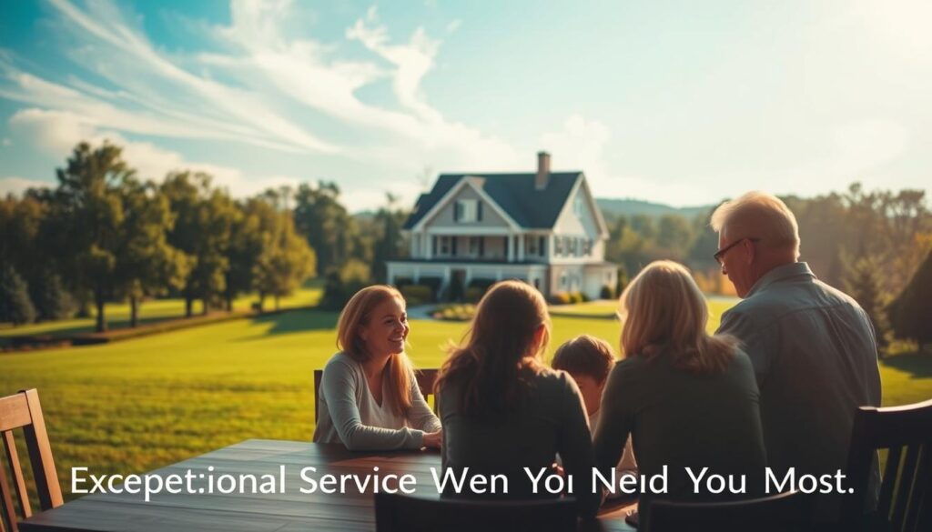 A serene and inviting home nestled in a verdant landscape, bathed in warm, golden sunlight filtering through wispy clouds. In the foreground, a family gathers around a mahogany table, discussing their home insurance coverage with a friendly, attentive agent. Their expressions convey a sense of security and relief, as they explore the comprehensive protection tailored to their needs. The middle ground features a stately, well-maintained house with a neatly manicured lawn, symbolizing the value of their investment. In the background, a tranquil, tree-lined neighborhood sets the scene, exuding a feeling of community and support. The overall composition evokes a sense of comfort, trust, and the assurance that "Exceptional Service When You Need It Most" is at the heart of their home insurance experience.