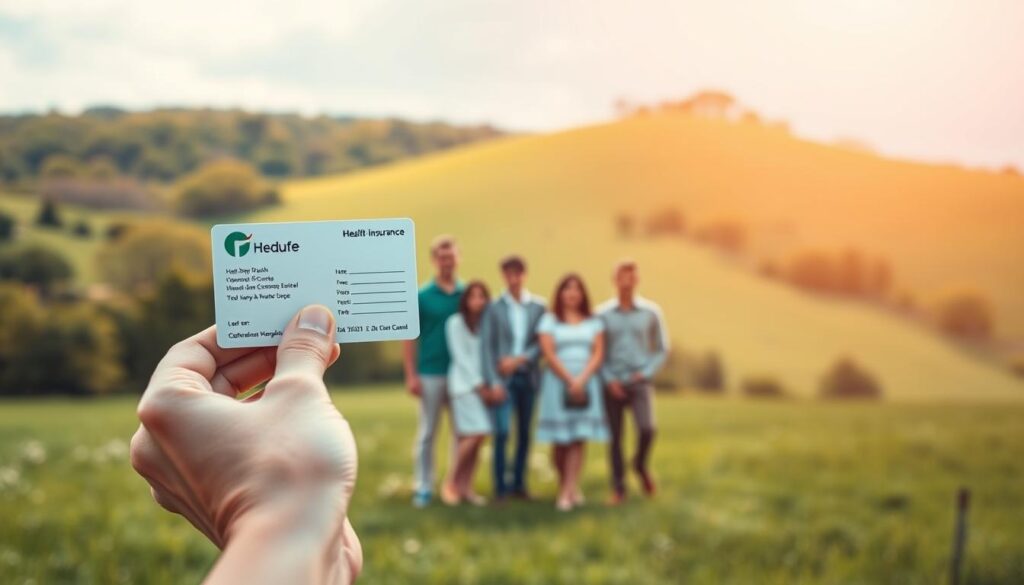 A serene and secure healthcare landscape, with a focal point of a person's hands holding a health insurance card against a backdrop of a peaceful, verdant meadow. The lighting is warm and natural, creating a reassuring atmosphere. In the middle ground, a group of diverse individuals stand together, symbolizing the inclusive nature of comprehensive health coverage. The background features a gently rolling hill, adorned with lush foliage and a calming blue sky, conveying a sense of stability and protection. The overall scene exudes a feeling of well-being and confidence in the legal safeguards surrounding one's health insurance.
