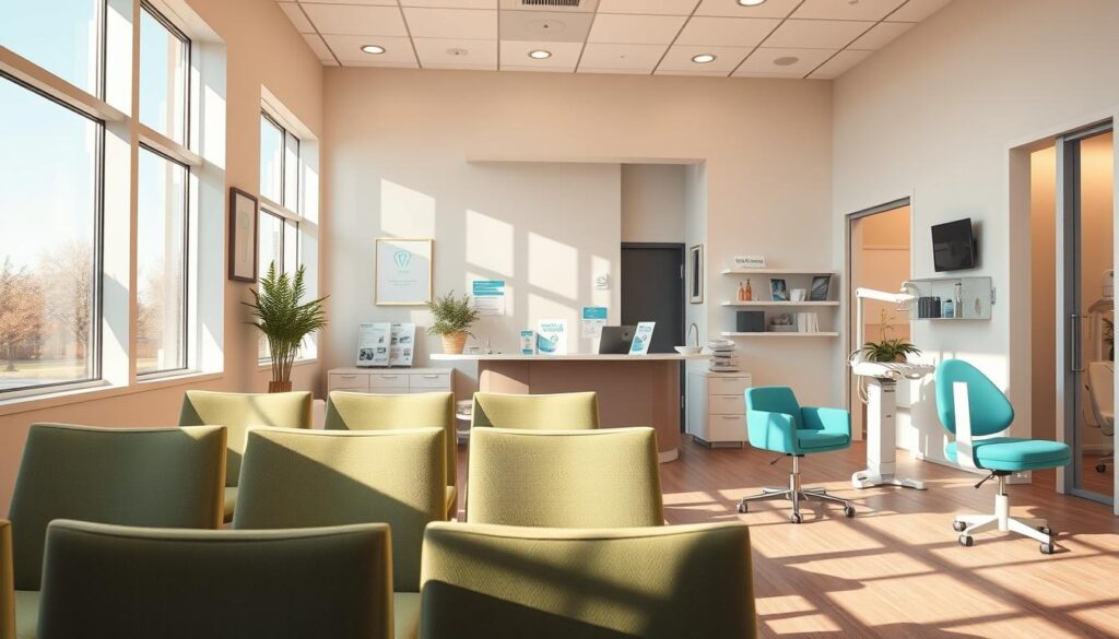 A serene dental office interior, bathed in warm, natural lighting filtering through large windows. In the foreground, a row of comfortable chairs in a soothing palette of greens and blues, inviting patients to relax. The middle ground features a sleek, modern reception desk manned by a welcoming receptionist, surrounded by various informational pamphlets and signage about dental insurance coverage. In the background, an examination room can be seen, its equipment and pristine white walls conveying a sense of professionalism and care. The overall atmosphere exudes a feeling of security, trust, and the promise of maintaining a healthy, radiant smile.