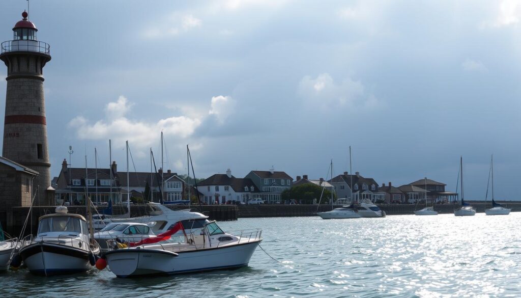 A serene sea harbor with a grand, weathered lighthouse standing tall, its beacon shining through the mist. In the foreground, a cluster of fishing boats and yachts, their hulls gently rocking in the calm waters. Sunlight dapples the surface, creating a shimmering effect. In the middle ground, a picturesque coastal town with quaint shops and homes, their roofs adorned with weathered shingles. In the background, a dramatic cloudy sky, hinting at the ever-changing nature of the environment. The scene conveys a sense of security and protection, underscoring the vital role of comprehensive sea harbor insurance coverage.