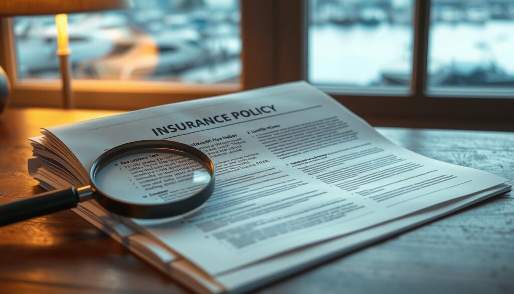 A stack of insurance policy documents sits on a wooden table, the pages open to reveal the detailed exclusions and limitations. A magnifying glass rests nearby, emphasizing the importance of closely examining the fine print. The scene is illuminated by soft, warm lighting, creating a contemplative atmosphere. In the background, a sea harbor is visible through a window, representing the context of the insurance policies being considered. The overall composition conveys the complexity and importance of understanding the exclusions in sea harbor insurance policies.