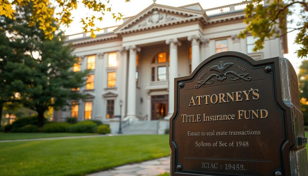 A stately building with a classical architectural style, featuring intricate columns, ornate details, and a prominent facade. The structure is situated in a serene, park-like setting, with lush greenery and a tranquil atmosphere. Warm, golden sunlight filters through the windows, casting a welcoming glow over the scene. In the foreground, a bronze plaque or monument commemorates the legacy of the Attorneys Title Insurance Fund, established in 1948 to protect real estate transactions. The image conveys a sense of timeless tradition, stability, and the enduring commitment to safeguarding the interests of property owners.